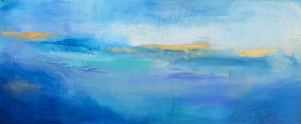 Long wall painting in rich blues with a hint of green, purple and gold. Abstract ocean and sea waters. calming and great for over the bed